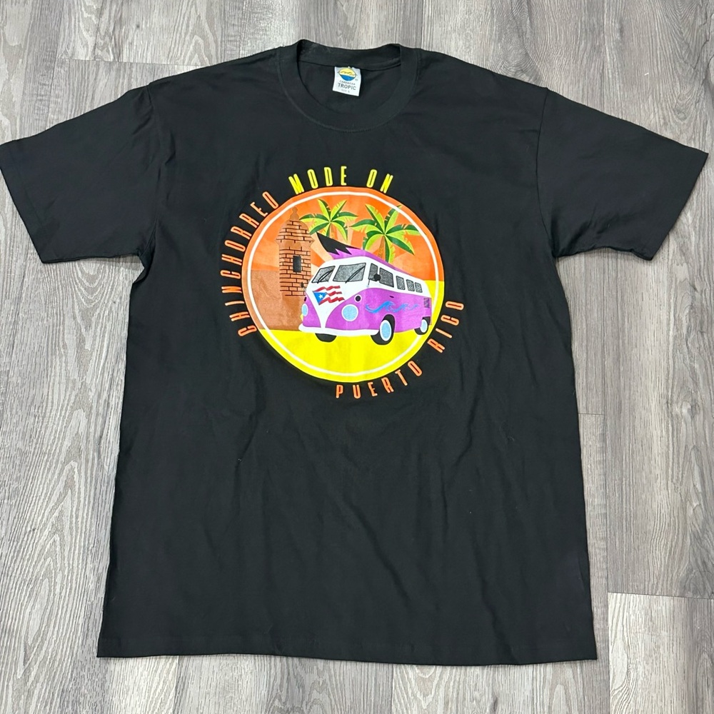 Puerto Rico Chinghorreo Caribbean Tropic Black T-Shirt with Sunset size large L